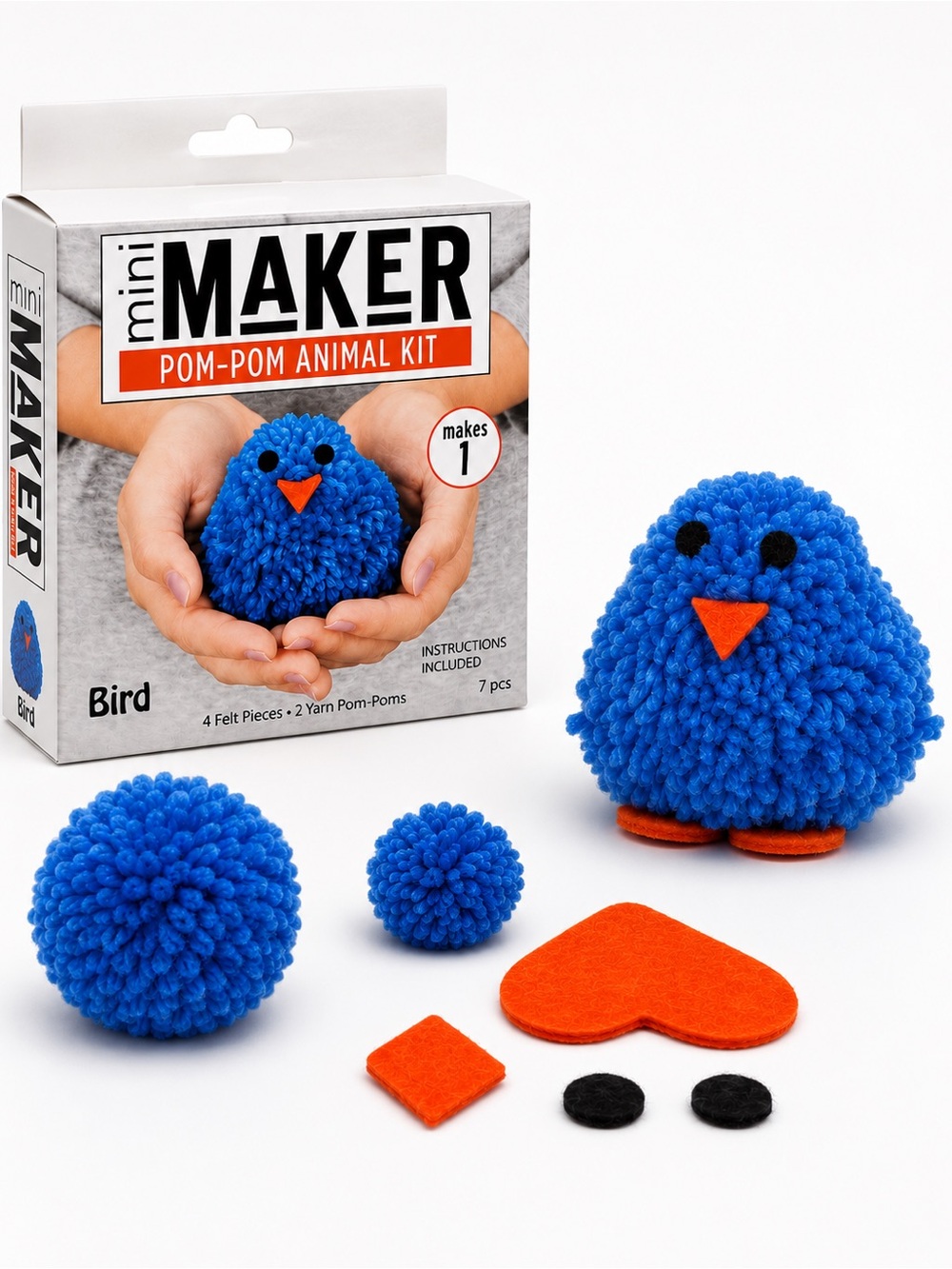 Mini-Maker Pom Pom Animal Kit Blue Bird Easy DIY Craft Kit for Kids & Beginners